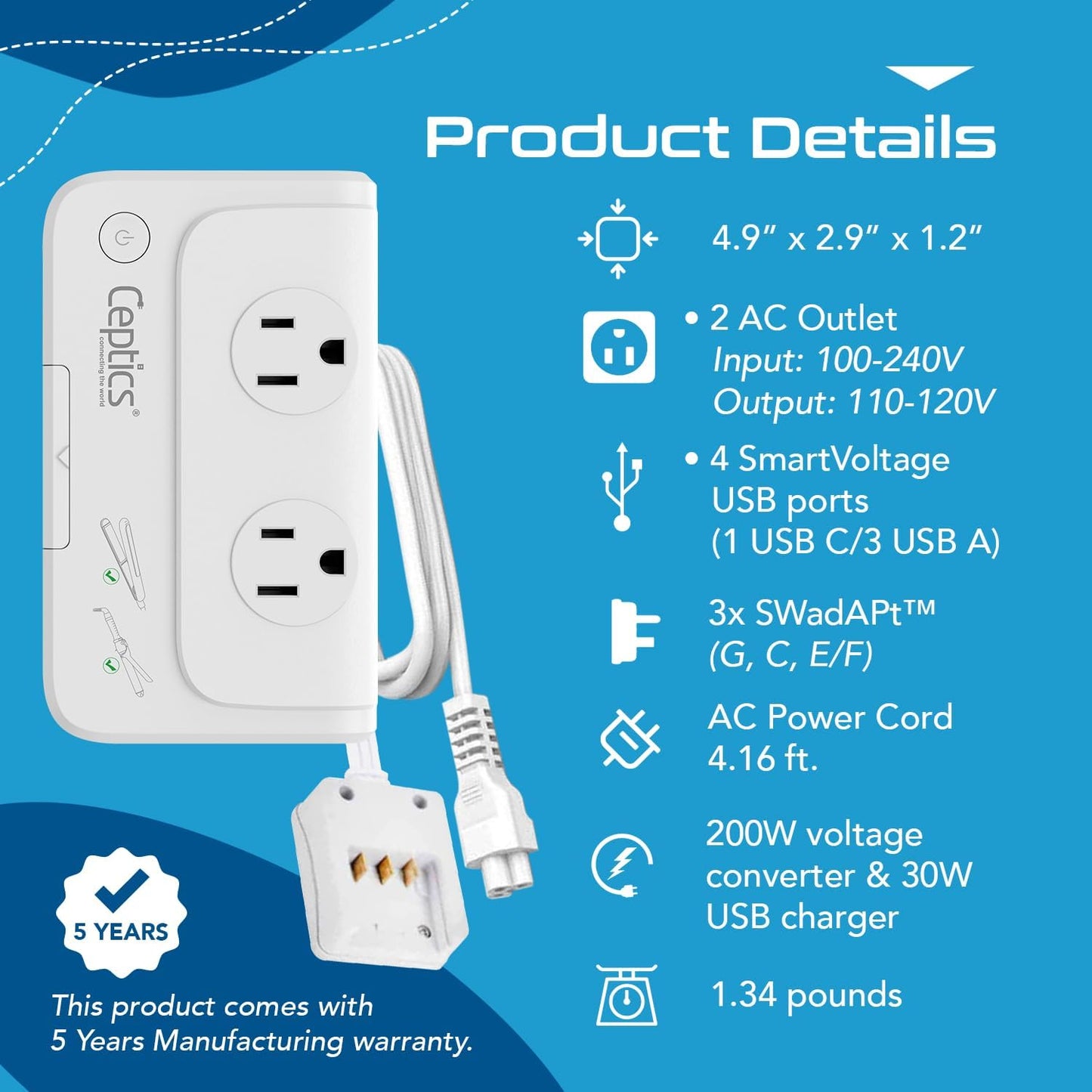 European Travel Voltage Converter, 200W Adapter for Curling Iron, Straightener, Charger, Step down World Power Plug - 4 USB PD 18W Fast Charging - Swadapt Compatible - Type C, E/F, G Included