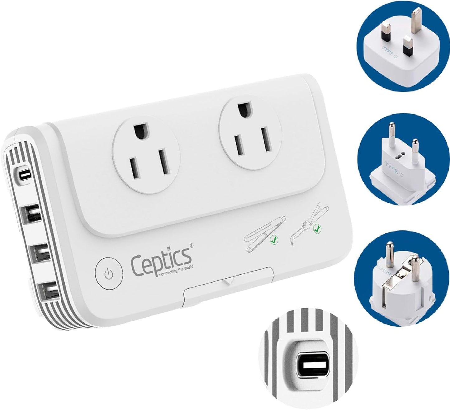 European Travel Voltage Converter, 200W Adapter for Curling Iron, Straightener, Charger, Step down World Power Plug - 4 USB PD 18W Fast Charging - Swadapt Compatible - Type C, E/F, G Included