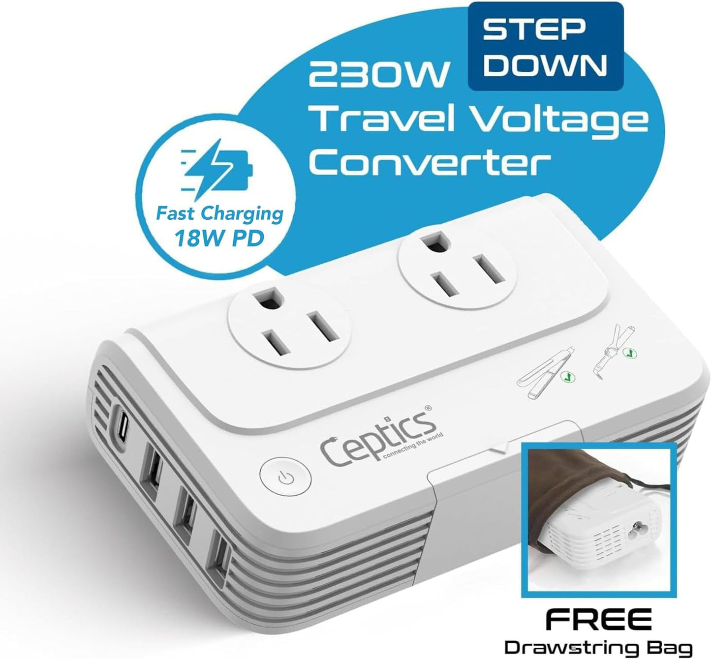 European Travel Voltage Converter, 200W Adapter for Curling Iron, Straightener, Charger, Step down World Power Plug - 4 USB PD 18W Fast Charging - Swadapt Compatible - Type C, E/F, G Included