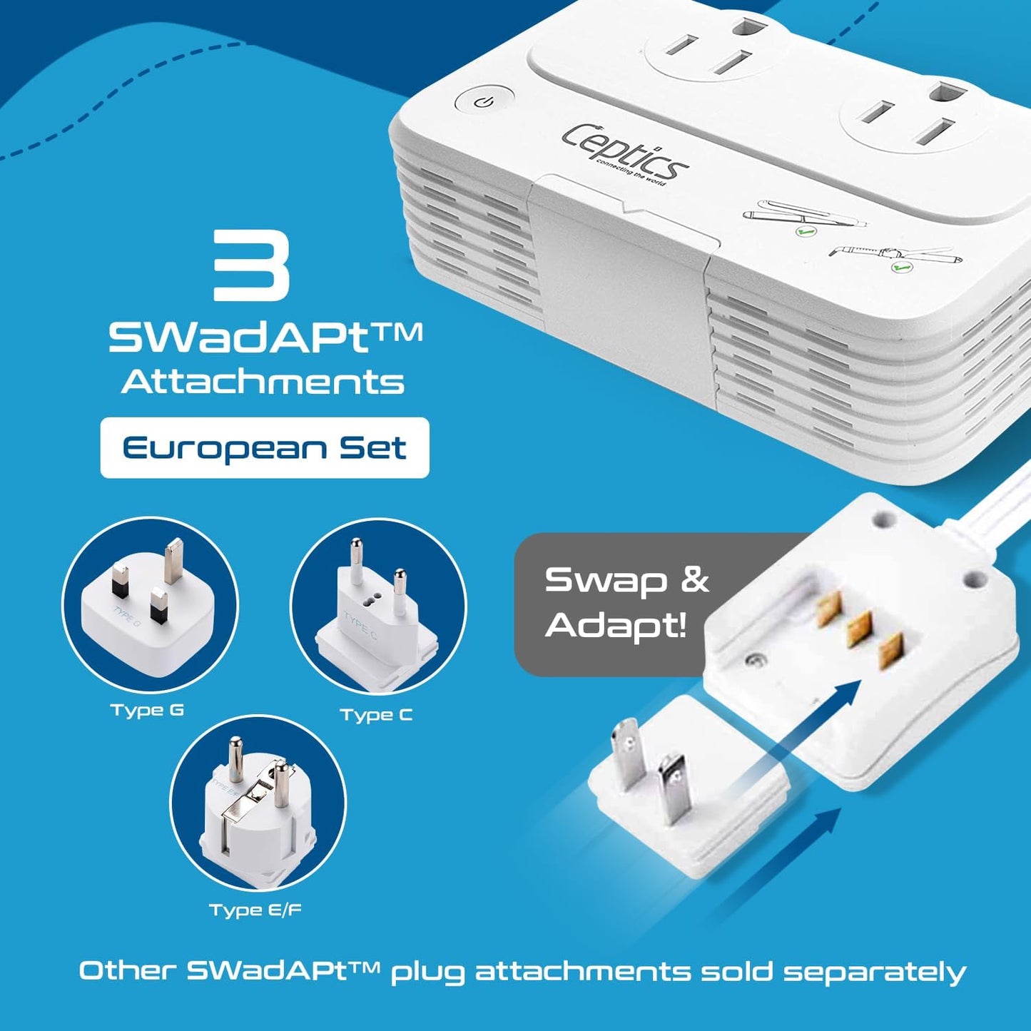 European Travel Voltage Converter, 200W Adapter for Curling Iron, Straightener, Charger, Step down World Power Plug - 4 USB PD 18W Fast Charging - Swadapt Compatible - Type C, E/F, G Included