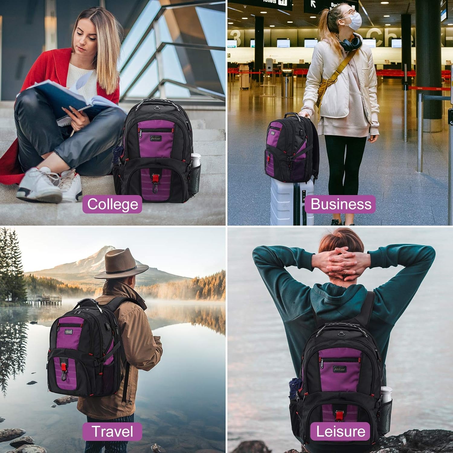 Large Backpack, 50L Travel Backpack for Men Women, 17 in Laptop Backpacks for School, anti Theft TSA Travel Bag with USB Charging Port, Business Computer Bag (Purple)