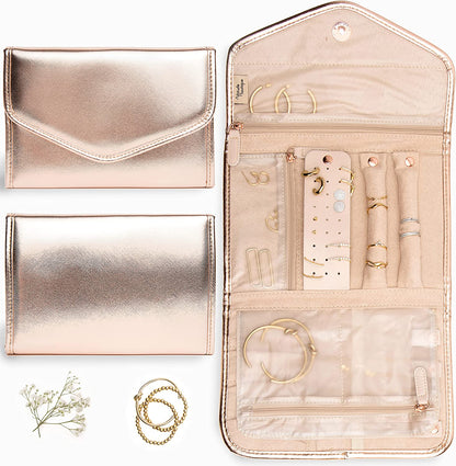 Travel Jewelry Organizer Roll Foldable Jewelry Case for Journey Packing Vacation-Rings, Necklaces, Bracelets, Earrings (Rose Gold, Medium)