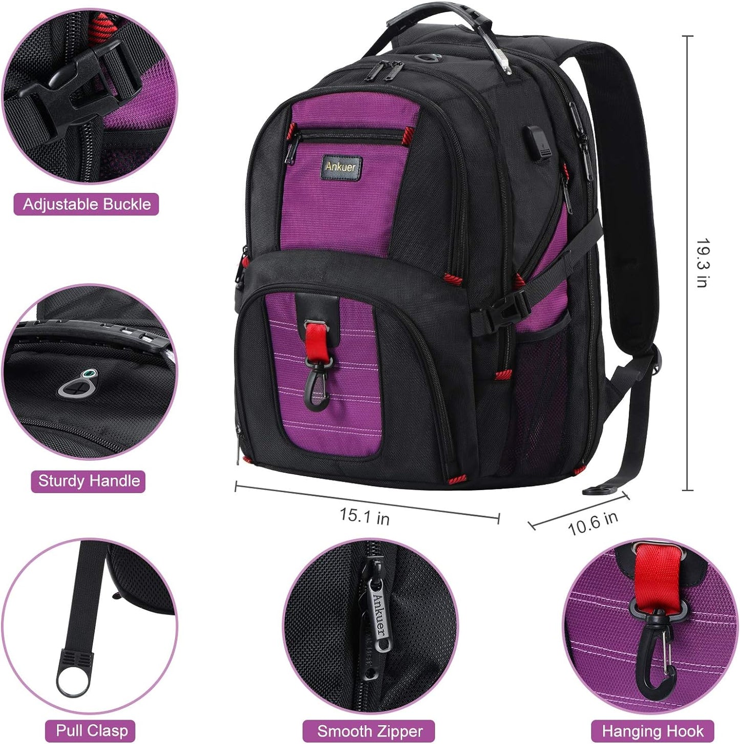 Large Backpack, 50L Travel Backpack for Men Women, 17 in Laptop Backpacks for School, anti Theft TSA Travel Bag with USB Charging Port, Business Computer Bag (Purple)