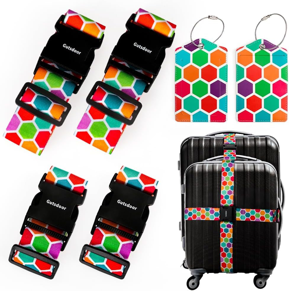 Luggage Straps for Suitcases, Add a Bag Luggage Strap & Luggage Tag Set, Adjustable Luggage Belt Suitcase Strap Travel Bag Accessories