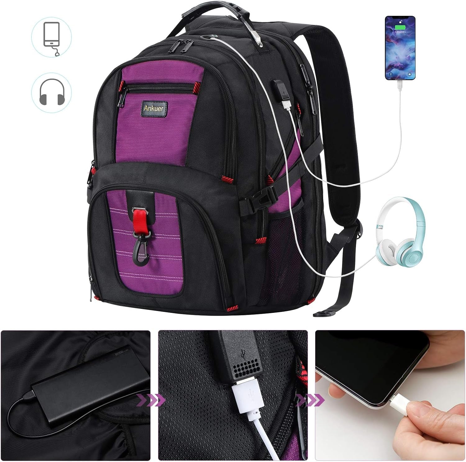 Large Backpack, 50L Travel Backpack for Men Women, 17 in Laptop Backpacks for School, anti Theft TSA Travel Bag with USB Charging Port, Business Computer Bag (Purple)